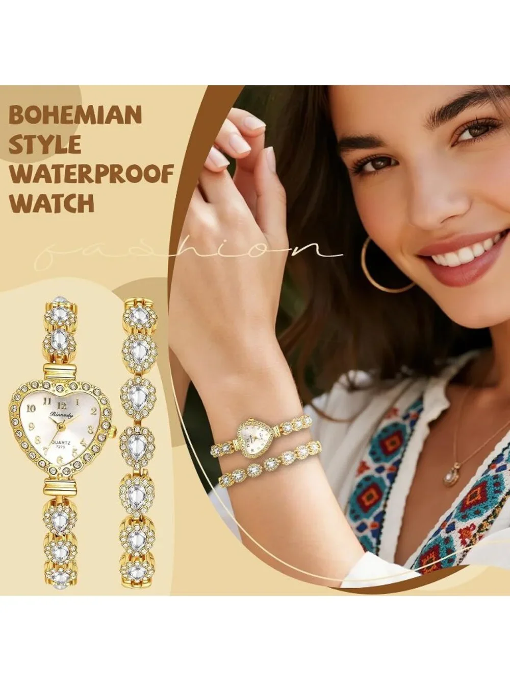 Women's White Heart Dial Bracelet Set Birthstone Crystal Quartz Display Watches